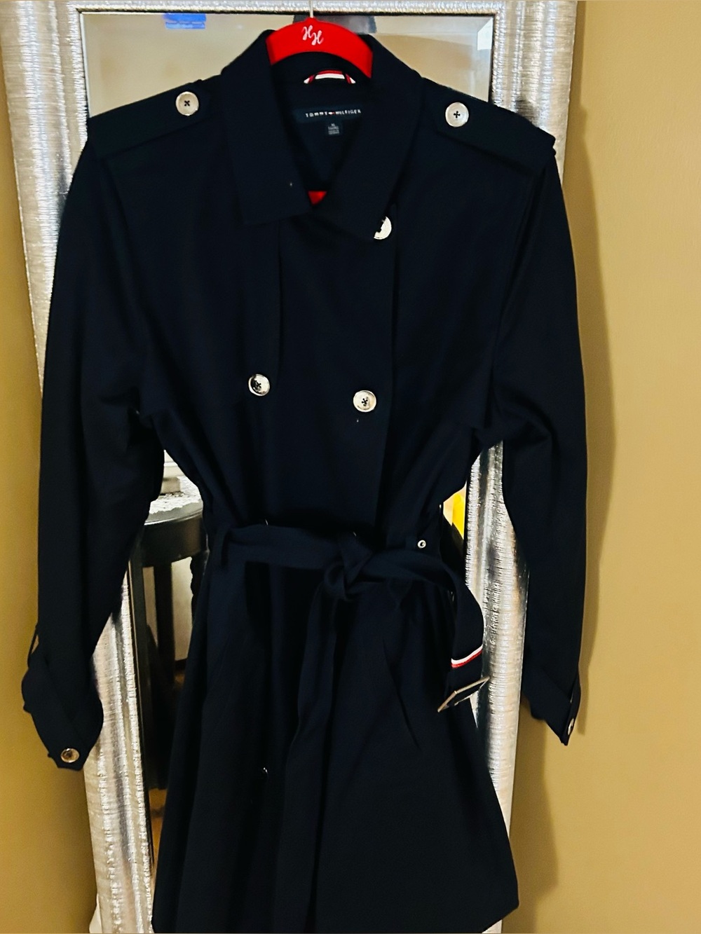 Tommy Hilfiger Navy Blue Trench Coat, silver buttons,belt & collar red accents